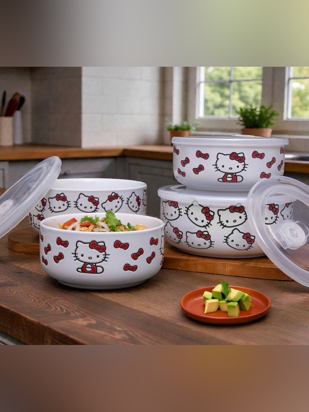 NEW 8PC Hello Kitty White Ceramic Prep & Storage Bowls with Red Bow Accents